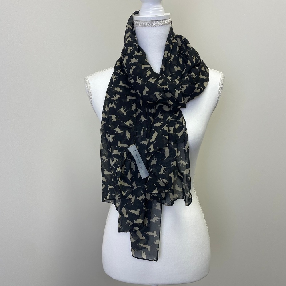 Zara 68''x28''Black Beige Cat Print Sheer Lightweight Scarf Wrap Long